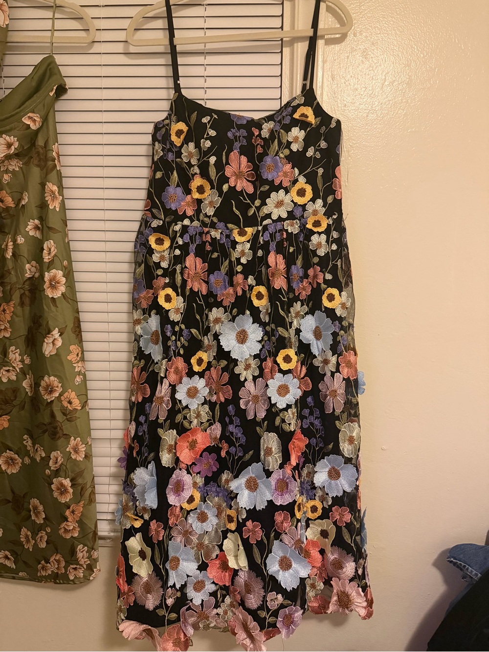 Azazie Black Midi Dress with Multicolor Floral Embroidery